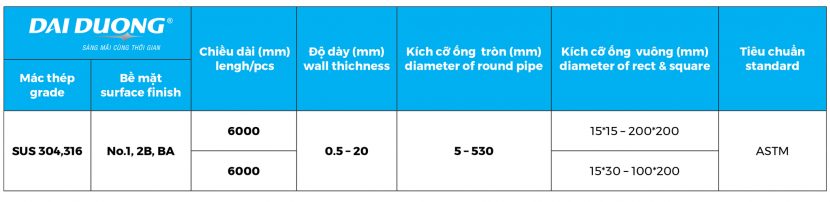 Bảng quy cách sản phẩm ống đúc inox 304, 316 Quảng Nam